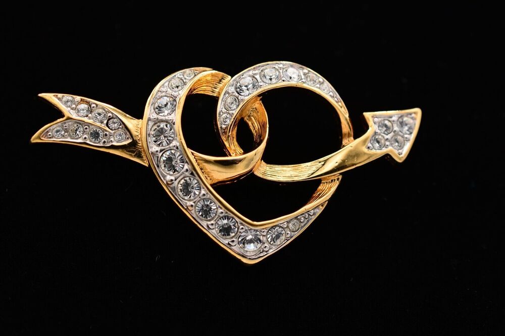 Swarovski Vintage Heart Arrow Pin Brooch Rhinestone Crystal Swan Signed 80s BinV